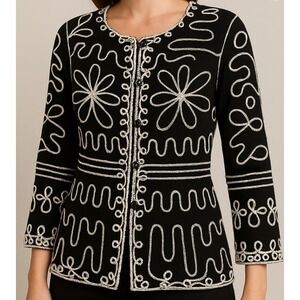 Lauren Michelle Size M Black White Embroidered 3/4 Sleeve Button Front Jacket